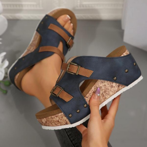 Sandalias de cuña con doble hebilla para mujer