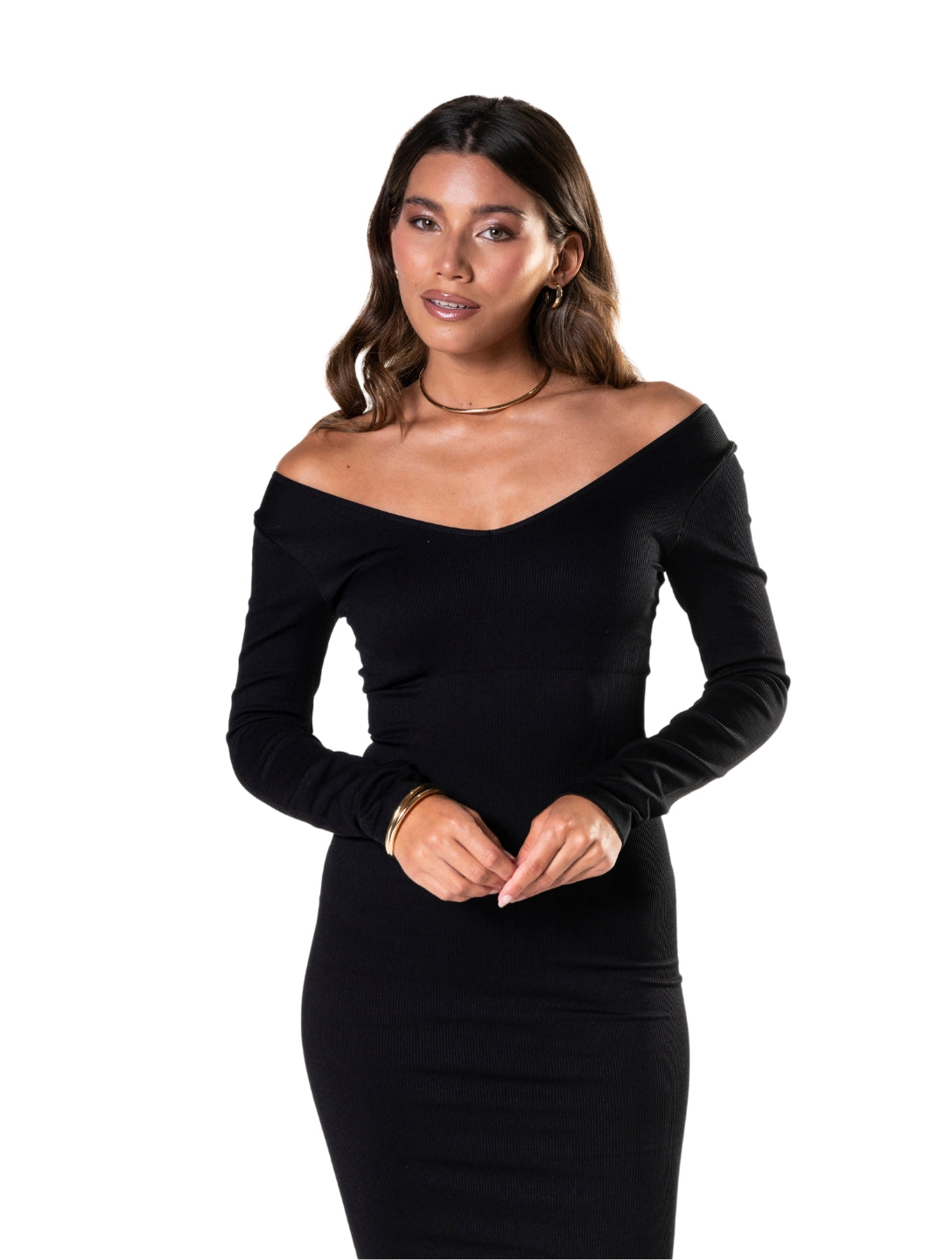 Elegante vestido de manga longa com sofisticado decote em V
