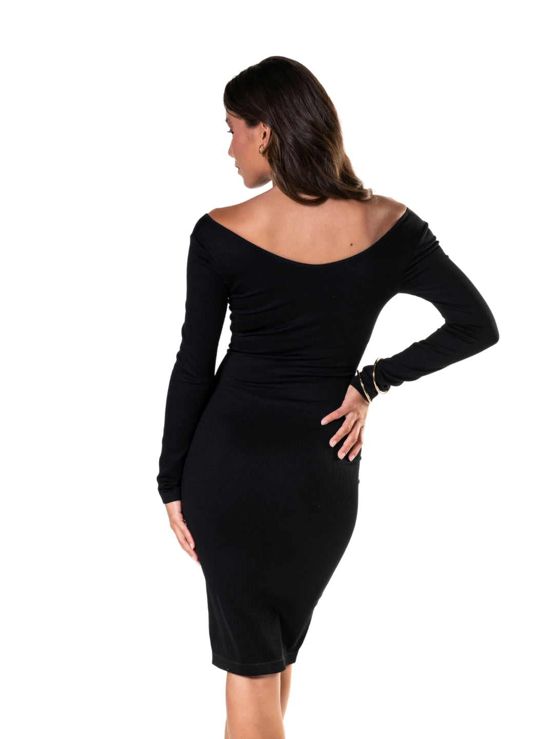 Elegante vestido de manga longa com sofisticado decote em V