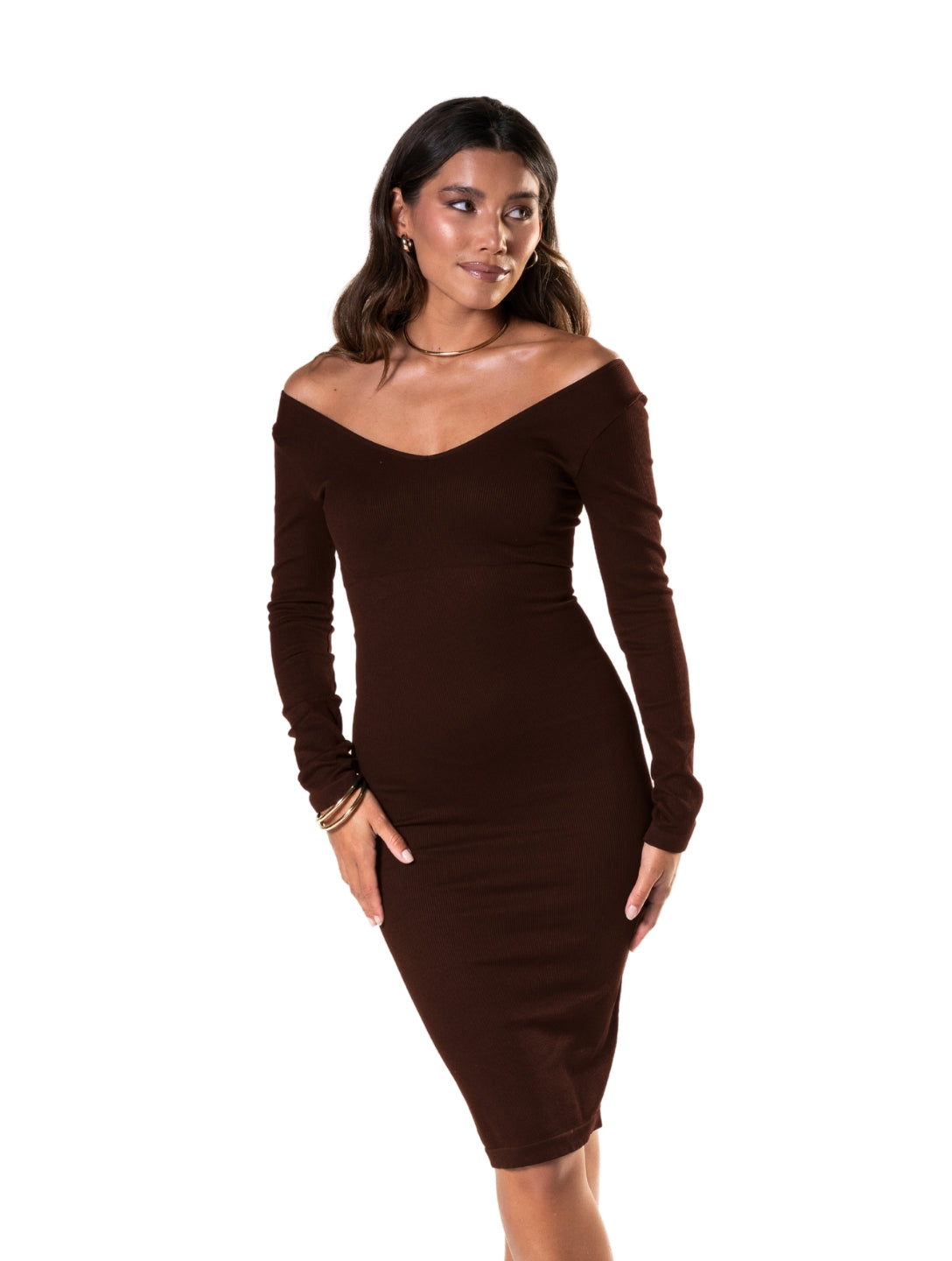 Elegante vestido de manga longa com sofisticado decote em V