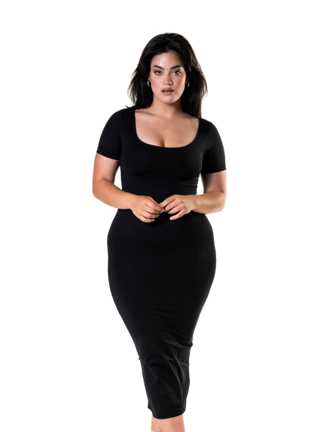 Body Midi Elegante com Shapewear e Abertura Lateral de Manga Curta
