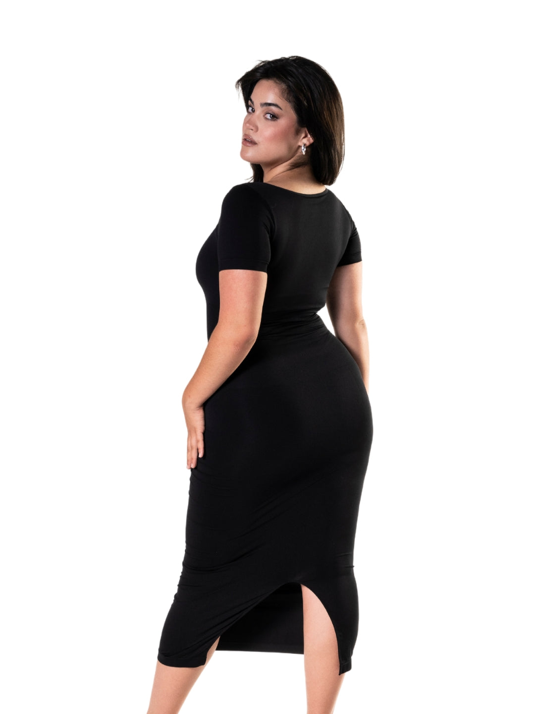 Body Midi Elegante com Shapewear e Abertura Lateral de Manga Curta