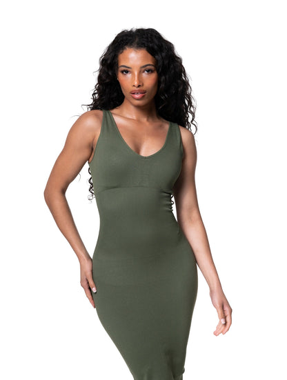 Vestido Elegante com Decote em V e Design Sem Costuras