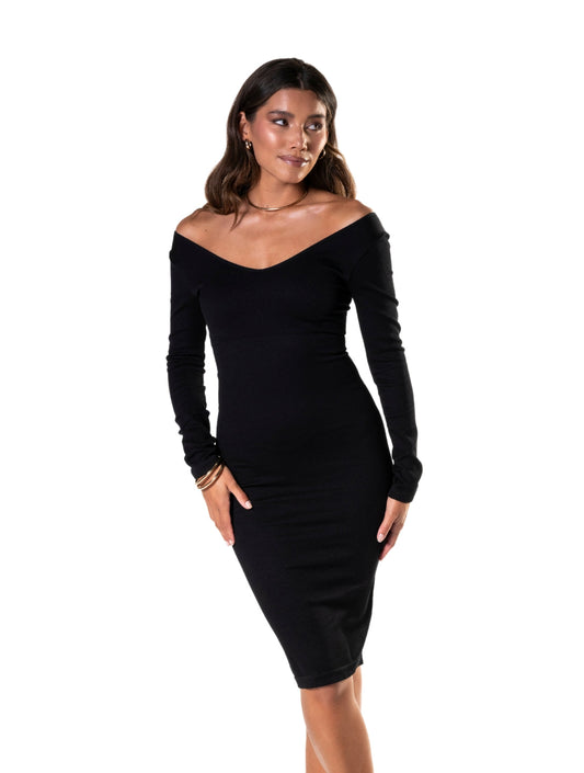 Elegante vestido de manga longa com sofisticado decote em V