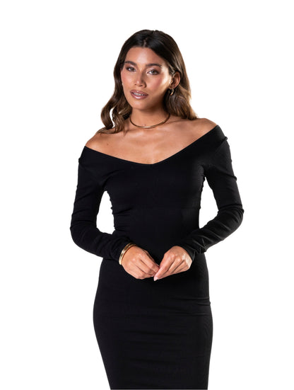Elegante vestido de manga longa com sofisticado decote em V