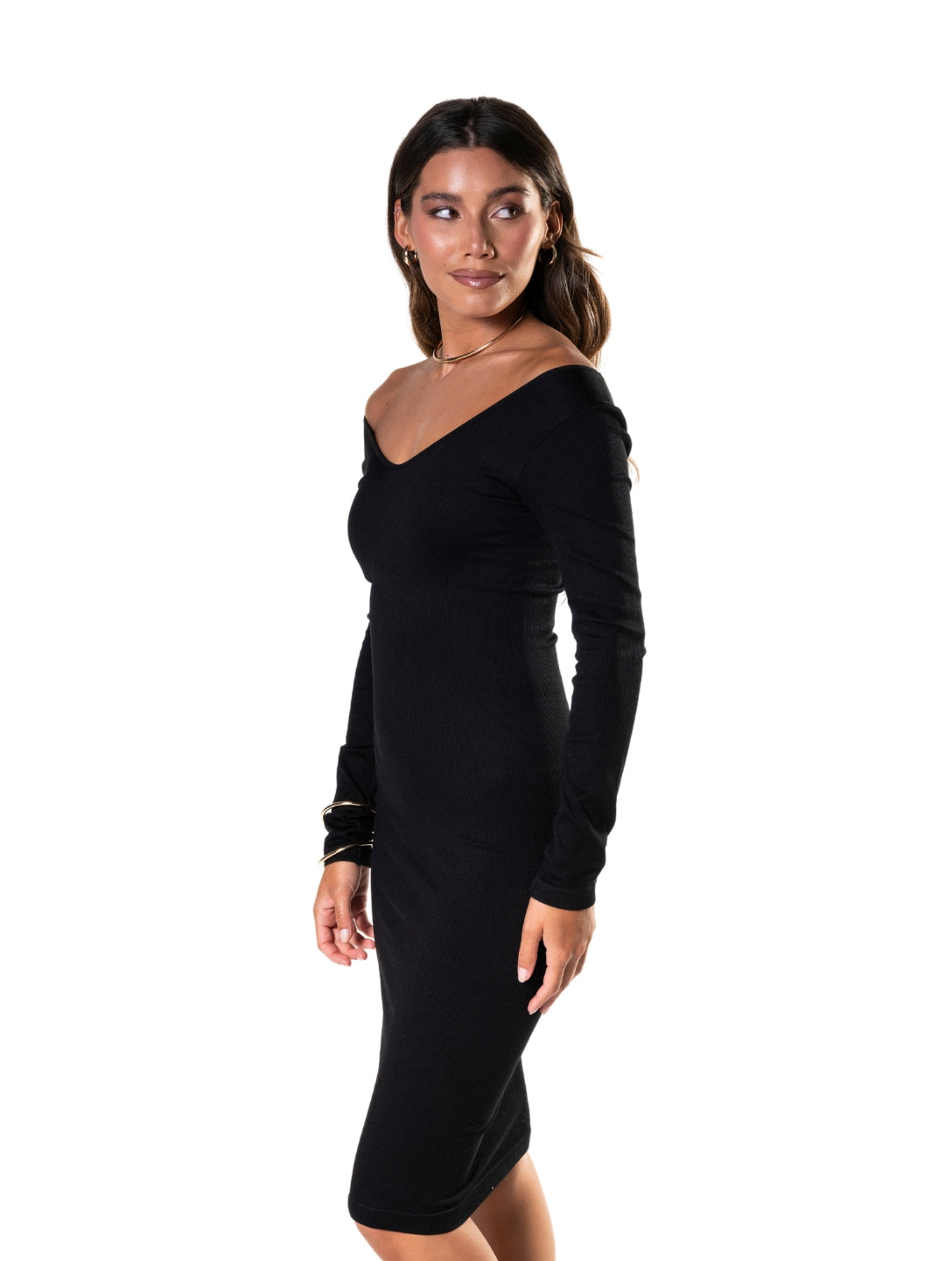 Elegante vestido de manga longa com sofisticado decote em V