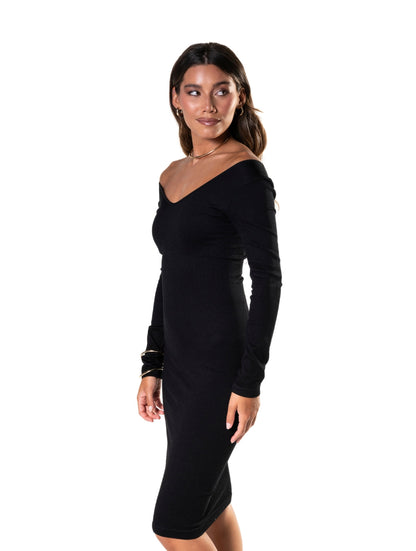 Elegante vestido de manga longa com sofisticado decote em V