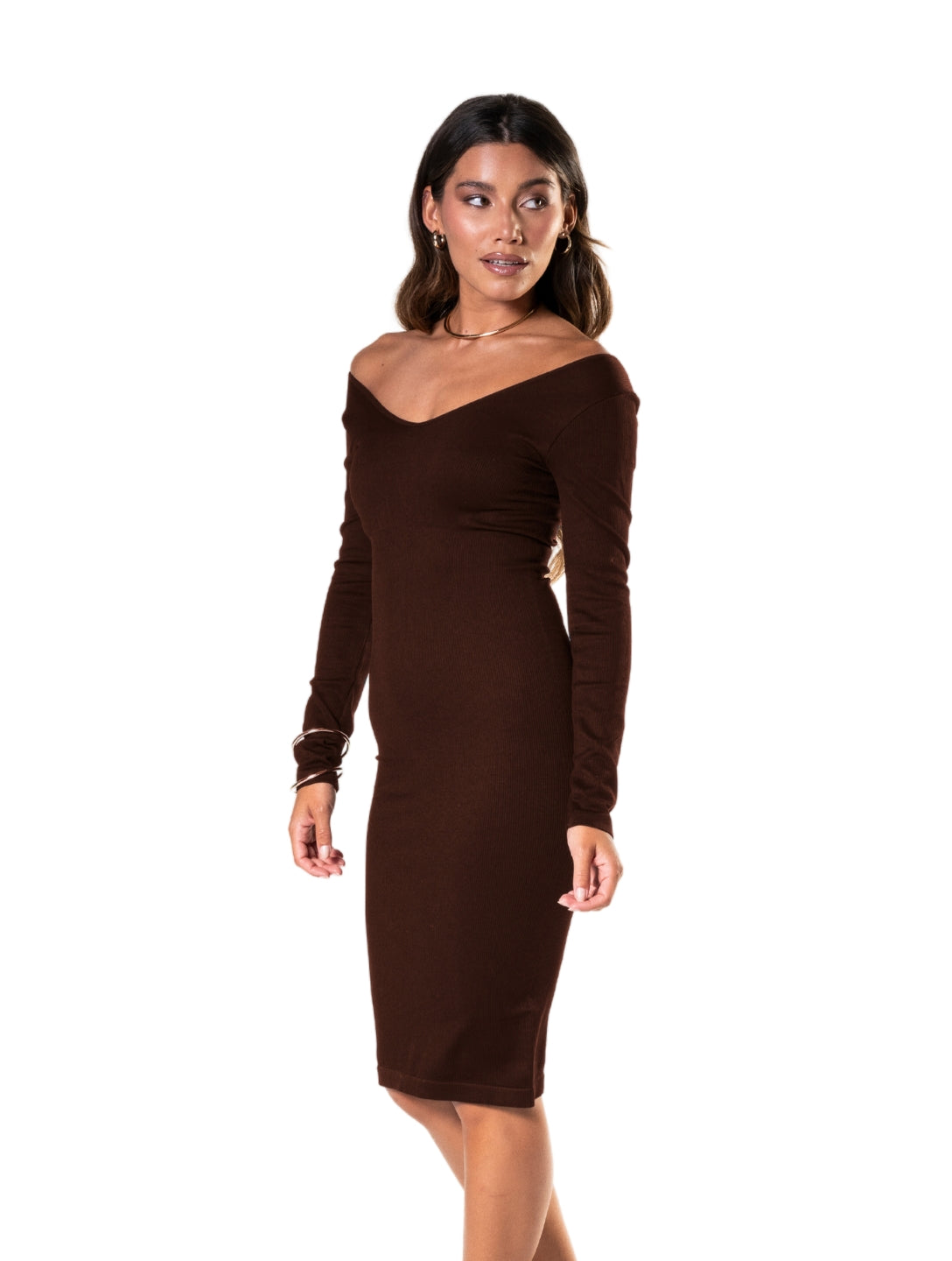 Elegante vestido de manga longa com sofisticado decote em V